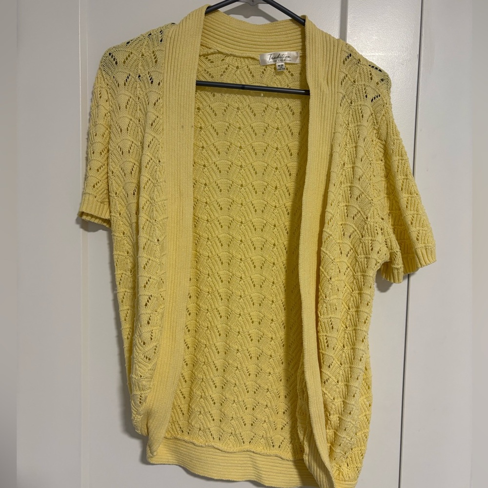 Pointelle Yellow Shrug Short Sleeve Crochet Cotton Knit Cardigan Size Medium